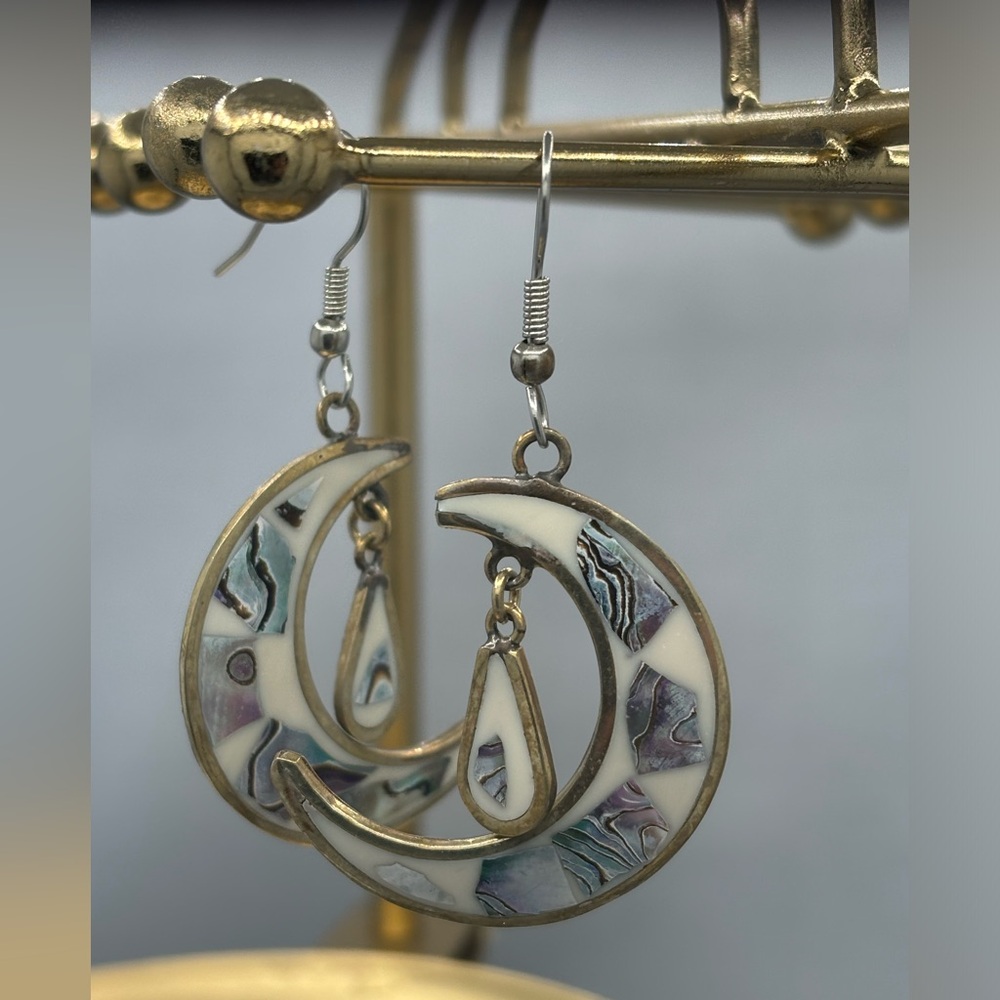 Silver Crescent Moon Earrings with Abalone Inlay